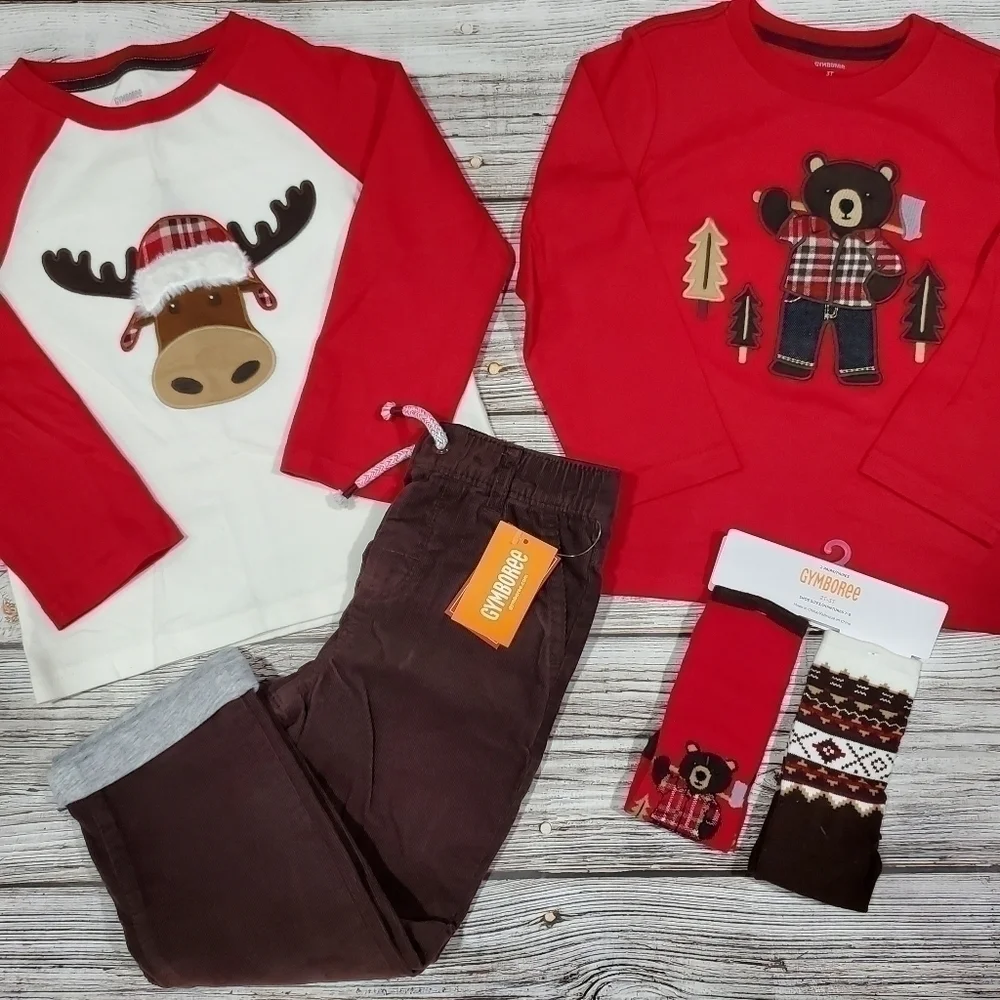 Christmas Holiday Outfit Reindeer Bear Tops Corduroy Pants Socks NWT